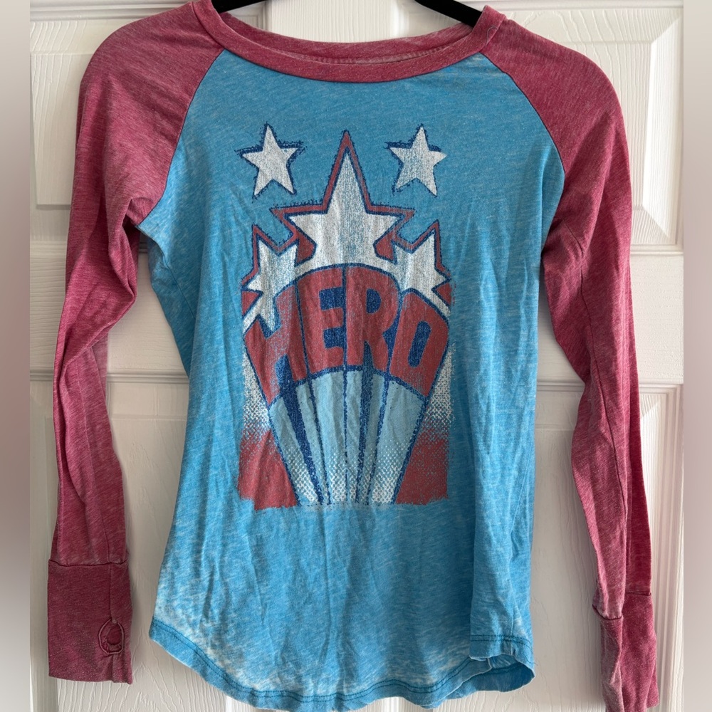 Graphic Long Sleeve Shirt( Blue, Red & White; Thumbholes; Women’s Junior Large